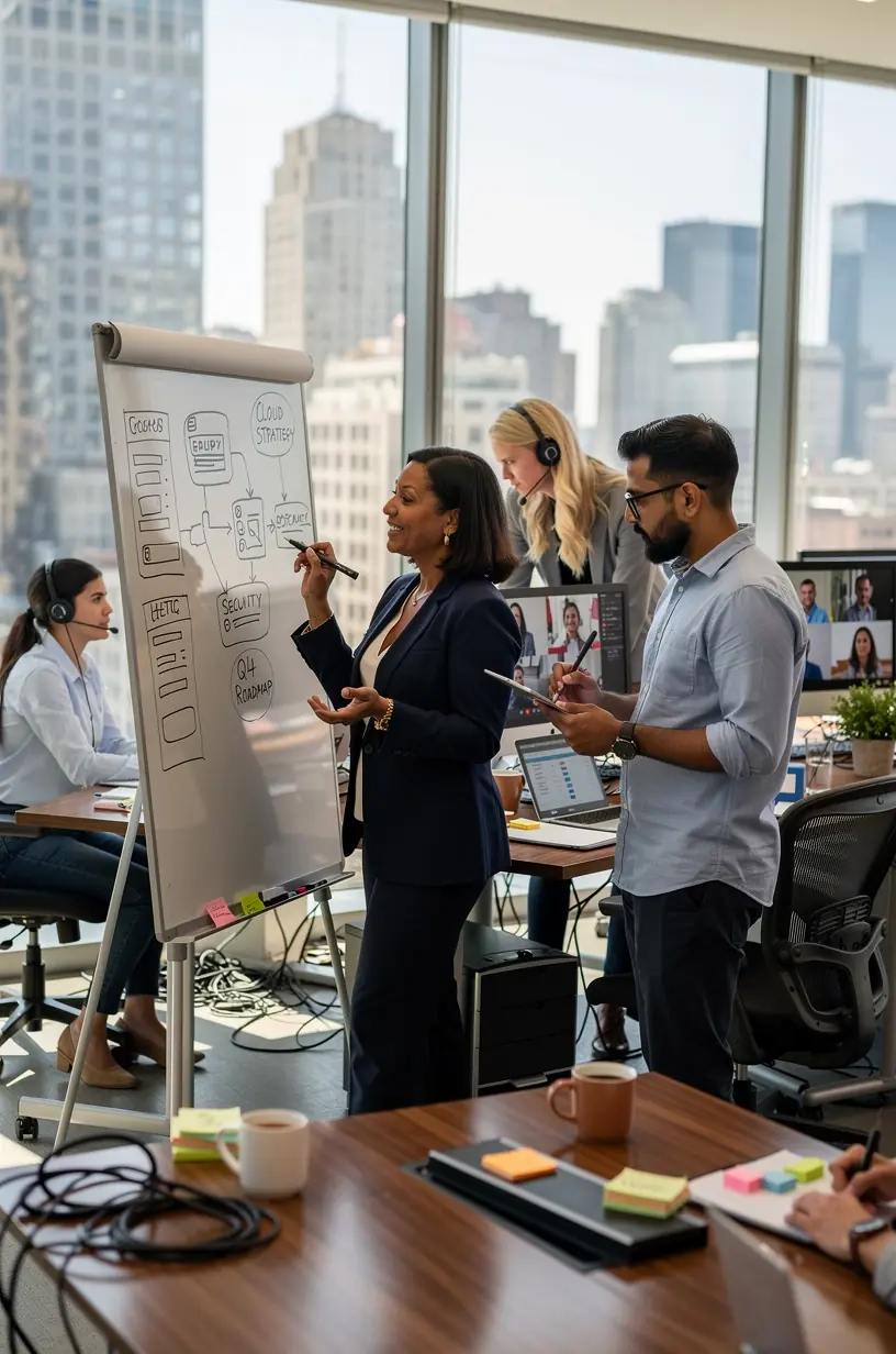 Global teams using collaboration tools for virtual optimization